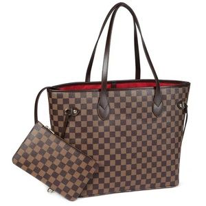 Luxury Checkered Tote Shoulder Bags With Inner Pouch PU Vegan Leather